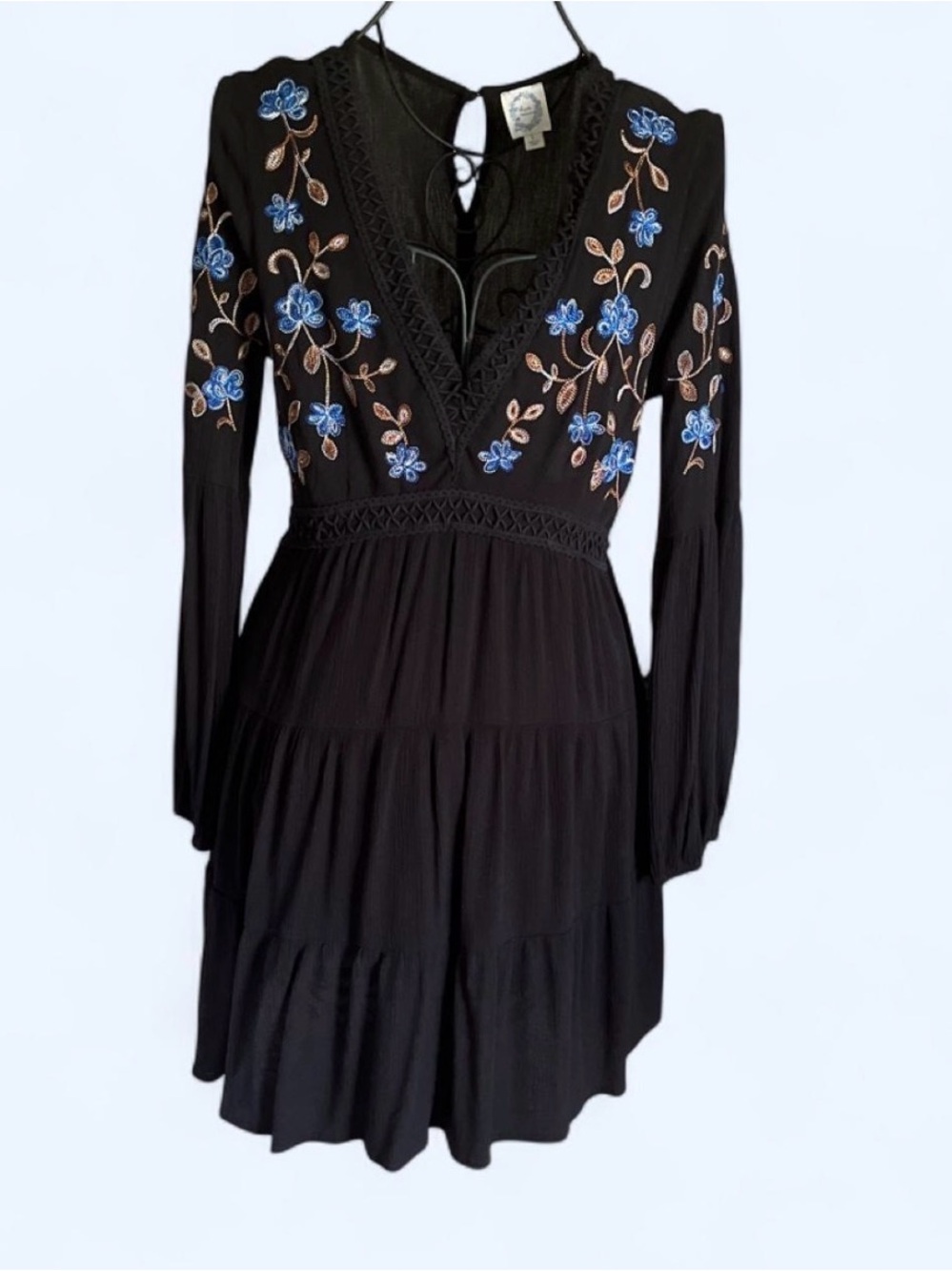 Blue Rain Black Midi Dress with Blue Floral Embroidery